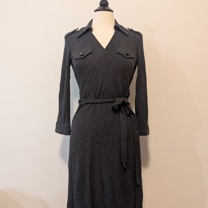 Loft Charcoal Gray Military Inspired Details 3/4 Sleeve Wrap Dress Size 2